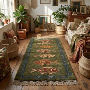 Close-up on the crisp diamond fins of the fish design, offering a highly curated aesthetic over an ornate victorian rug or delicate chinoiserie rug.