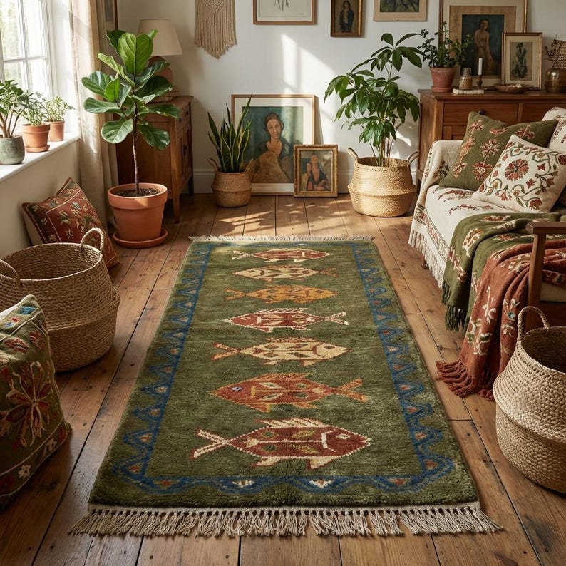Close-up on the crisp diamond fins of the fish design, offering a highly curated aesthetic over an ornate victorian rug or delicate chinoiserie rug.