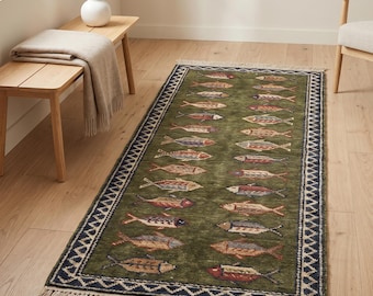 Fiskmatta i ull, löparmatta, Oushak-matta, handknuten matta, olivgrön matta, köksmatta, anpassad matta, koifiskmatta, vardagsrumsinredning