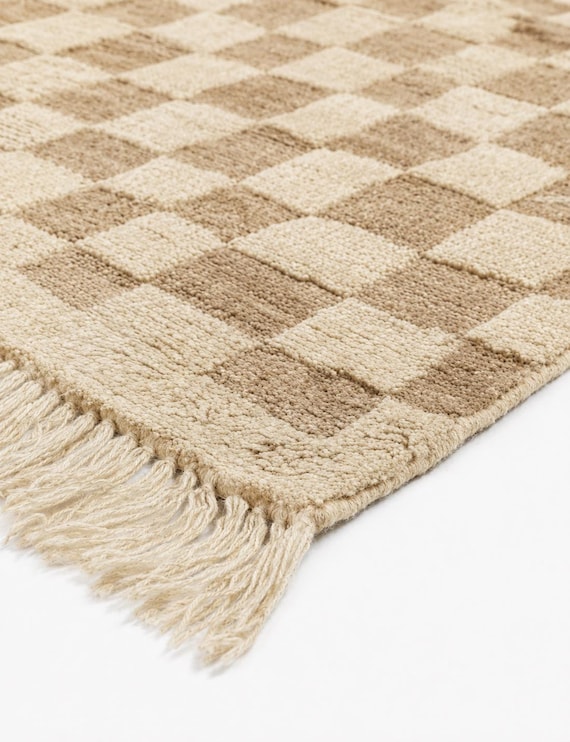 Checkerboard Rug Checkered Area Rug Hand Knotted Wool Carpet Beige Cream Rug Beni Ourain Rug 8x10 9x12 Custom Rug flokati couch rug Neutral