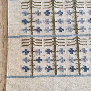 Puede incluir: Una alfombra tejida con una base de color blanco roto que presenta un patrón repetitivo de líneas verticales verde oliva y flores estilizadas en forma de cruz azul. El diseño incluye rayas horizontales azul claro que separan los motivos.