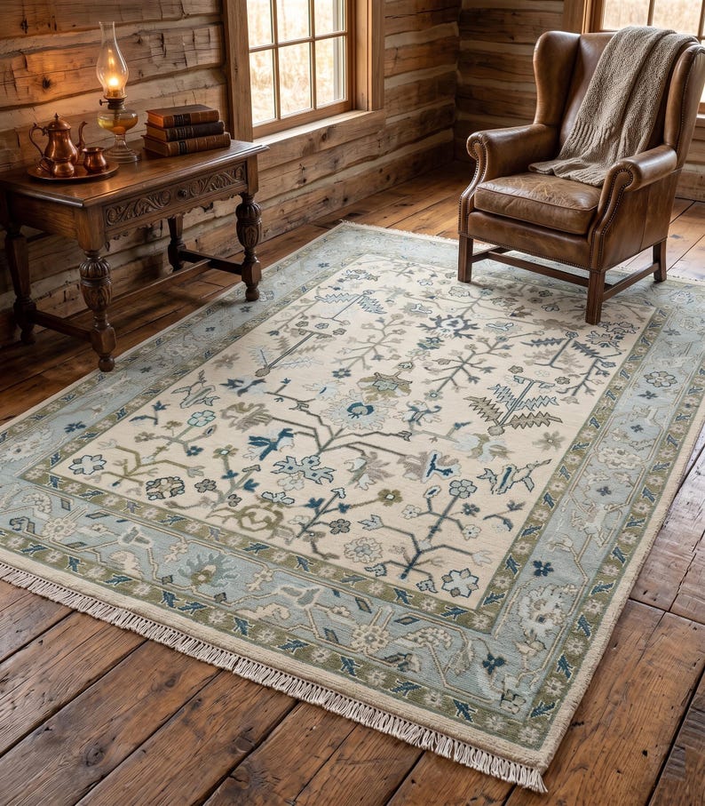 Natural light highlighting the bright ivory base, sage green leaves, and soft peach accents of this blue rug large.