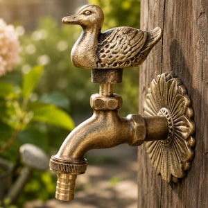 Grifo de jardín Duck, grifo de agua exterior de latón antiguo, grifo de pared.