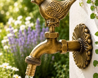 Bird Garden Faucet – Antique Brass & Green Patina Outdoor Tap