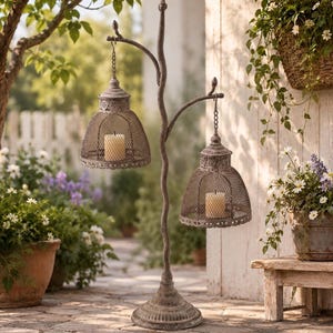 Portavelas de hierro vintage con forma de árbol y faroles colgantes para decoración rústica de granja.