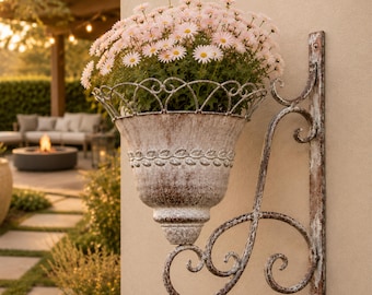 Vintage Iron Wall Planter, Rustic European Hanging Flower Pot for Garden Decor