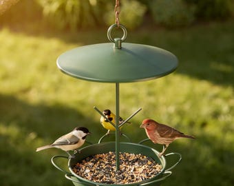 Comedero colgante de metal para jardín, bandeja para semillas, resistente a la intemperie, color verde, para patio o jardín.
