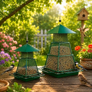 May include: Two green metal bird feeders with mesh sides and a tray base sit on a wooden surface. The feeders are filled with birdseed and topped with a peaked roof. Several birds perch on and around the feeders, with a birdhouse in the background.