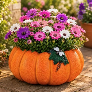 May include: A bright orange pumpkin-shaped planter with a textured surface, featuring a decorative white dragonfly and green leaves on the side, filled with a dense arrangement of vibrant purple, pink, and white daisy-like flowers.