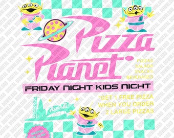 Ilustración de Toy Story Pizza Planet Alien Remix, gráfico retro a cuadros rosa y turquesa de celebración nocturna infantil de comida rápida interestelar