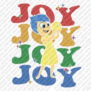 May include: A digital graphic featuring the character Joy from Inside Out, depicted with blue hair and a yellow dress, centered amidst the repeated word JOY in red, gold, green, and blue, accented by small four-pointed star icons throughout.