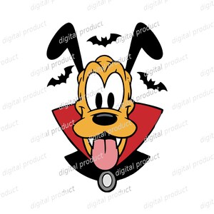 Puede incluir: Una ilustración de perro de dibujos animados con un perro amarillo de orejas negras largas, vistiendo una capa de vampiro roja y negra con un broche de cuello gris. El perro tiene la lengua rosa afuera y está rodeado por tres siluetas de murciélagos negros.