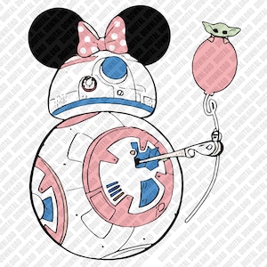 May include: A digital illustration of a BB-8 droid with Minnie Mouse ears and bow, holding a pink balloon with Grogu. The droid is white, pink, and blue. The balloon is pink, and Grogu is green.