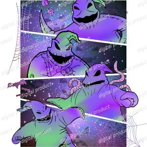 Puede incluir: Un gráfico digital con cuatro paneles de un personaje tipo saco en degradados morados y verdes. El personaje aparece con dados, gusanos y un fondo estrellado. Se observan telarañas en los bordes del diseño de la ilustración.
