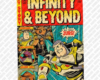 Retro Infinity & Beyond Comic Book Style Poster, Buzz Lightyear vs Emperor Zurg Illustration, Vintage Space Ranger Digital Art Graphic