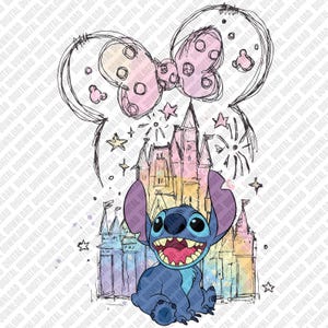 Söt stygnsittande med akvarell Disney-slott och Musse Piggs öronrosett, magisk familjesemester Ohana-firande grafisk design