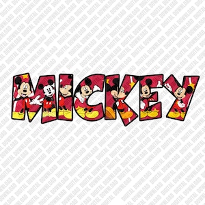 May include: The word "MICKEY" in a bold, stylized font, each letter featuring a different image of Mickey Mouse. The letters are red with yellow accents and black outlines, creating a vibrant and playful design.