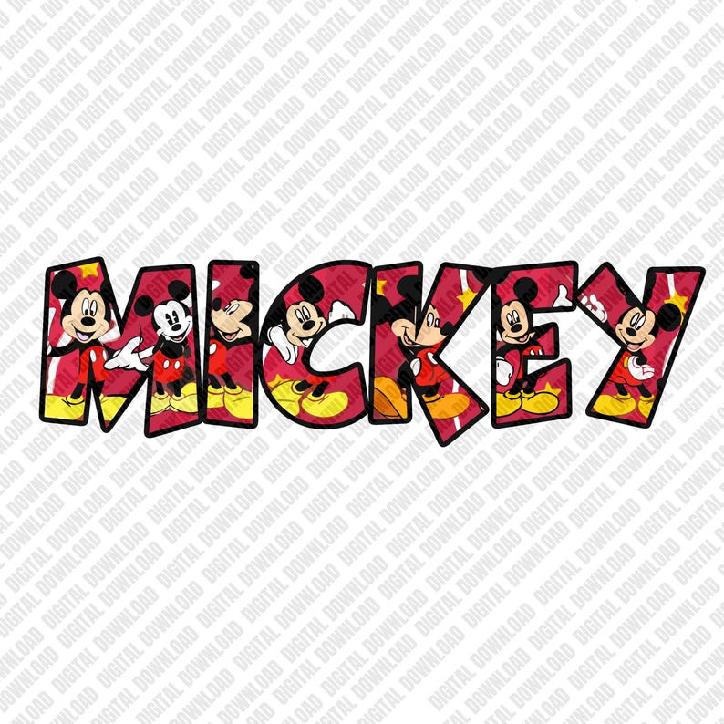 May include: The word "MICKEY" in a bold, stylized font, each letter featuring a different image of Mickey Mouse. The letters are red with yellow accents and black outlines, creating a vibrant and playful design.
