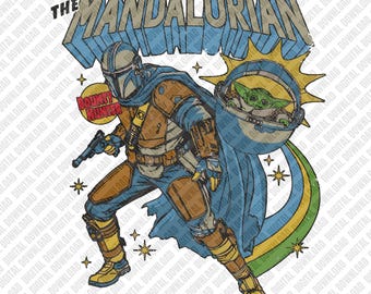 The Mandalorian and Grogu Digital Design, Hunter and Prey Star Wars Sublimation PNG, Retro Sci-Fi Bounty Hunter Galaxy Art Download