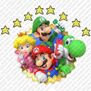 Op de afbeelding: Een digitale illustratie met Mario, Luigi, Prinses Peach en Yoshi, die gamecontrollers vasthouden. De personages zijn omringd door gepixelde gouden sterren en geplaatst tegen een goudkleurige achtergrond. De afbeelding is een digitale download.