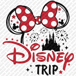 May include: A graphic design featuring a red and white polka dot bow with mouse ears, a black silhouette of a castle, fireworks, and stars. The text reads Disney TRIP in a bold red and black font, set against a white background with repeating text.