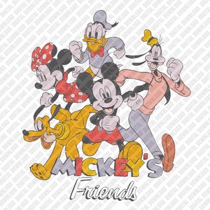 May include: A distressed graphic featuring Mickey Mouse and his friends, including Minnie Mouse, Donald Duck, Goofy, and Pluto. The image has the text "Mickey's Friends" in a playful font, with a vintage aesthetic.