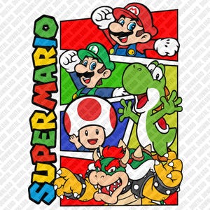 Op de afbeelding: Een kleurrijke afbeelding met personages uit de Super Mario-videogame serie. Mario, Luigi, Yoshi, Toad en Bowser worden afgebeeld in een stripboekstijl, met de woorden "SUPER MARIO" in vetgedrukte, levendige letters.