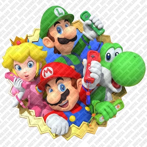 Op de afbeelding: Kleurrijke illustratie met Mario, Luigi, Prinses Peach en Yoshi, die gamecontrollers vasthouden. De personages zijn afgebeeld in heldere kleuren tegen een gouden en blauwe achtergrond. De afbeelding heeft een digitale stijl.
