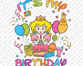 Princess Peach It's My Birthday T-shirt, Retro Super Mario Character with Cake and Balloons Graphic, Nintendo Fan Girl Power Birthday Gift