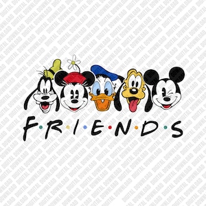 Può includere: Grafica con i volti dei personaggi Disney: Pippo, Topolino, Paperino, Pluto e Topolino. La parola "FRIENDS" è scritta sotto in un font stilizzato, con la "I" sostituita da un punto.