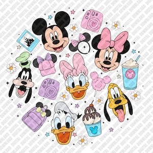 May include: A collection of cartoon character illustrations, including Mickey Mouse, Minnie Mouse, Donald Duck, Daisy Duck, Goofy, and Pluto. The image also features a backpack, cameras, a cotton candy, an ice cream, and a drink. The characters and objects are in bright colors.
