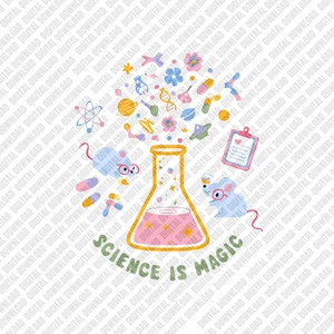 May include: A colourful illustration of a laboratory flask with science-related icons bursting from it. Two cartoon mice wearing glasses are on either side of the flask. The text "SCIENCE IS MAGIC" is written in green below the flask.