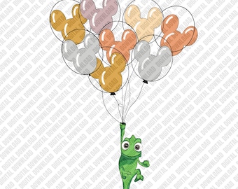 Pascal Tangled with Mickey Balloons Digital Design, Cute Chameleon Sublimation PNG, Magical Disney Family Vacation Trip Art Download