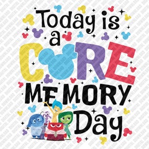Peut inclure: Une image colorée avec le texte "Today is a Core Memory Day". Le design présente des personnages du film Vice-Versa, des formes de tête de Mickey Mouse et des étoiles. L'arrière-plan est un motif répétitif de texte "Digital Download".