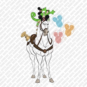 Puede incluir: Una ilustración digital de un caballo blanco con una silla de montar y brida marrones. Un camaleón verde con un sombrero negro de Mickey Mouse está en la cabeza del caballo. Globos de Mickey Mouse en rosa, azul y naranja flotan cerca.