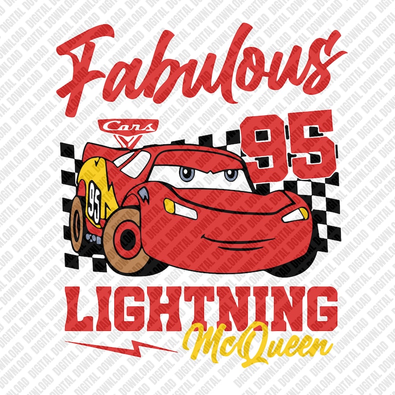 May include: A red cartoon race car with the number 95, the words "Fabulous" and "Lightning McQueen" in red, and "Cars" in white. The background includes a checkered flag design and a lightning bolt.