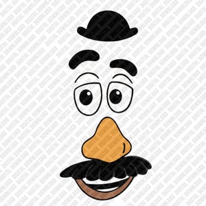 May include: A digital graphic featuring a black bowler hat, black eyebrows, large white eyes with black pupils, a tan nose, a black mustache, and a brown mouth. The background consists of repeating light gray text reading digital download.