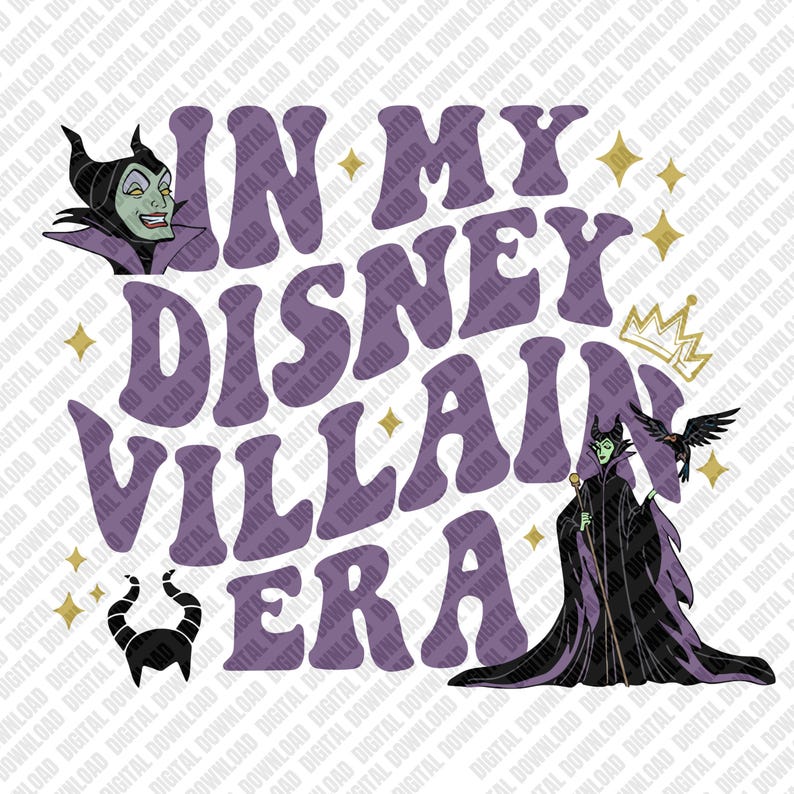 Puede incluir: Un dise&ntilde;o gr&aacute;fico morado y blanco con el texto "IN MY DISNEY VILLAIN ERA". La imagen presenta ilustraciones de Mal&eacute;fica, sus cuernos y un cuervo, junto con acentos de estrellas doradas. Tambi&eacute;n se incluye una corona.