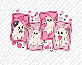 Retro Valentine Ghost Card T-shirt Design, Kawaii Pink Ghost Squad with Hearts and Flowers Graphic, Valentine Sublimation PNG Digital Art