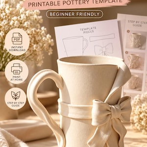 Ribbon Mug Pottery Template PDF, Slab Built Ceramic Mug Pattern, Printable Clay Template, Bow Mug DIY, Beginner Friendly
