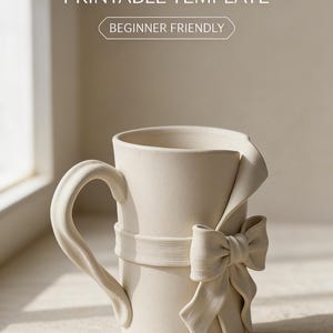 May include: Cream-colored ceramic mug with a ribbon and bow design. The mug has a curved handle and a ribbon wrapped around the middle, with a bow on the front. Text on the image reads "RIBBON MUG PRINTABLE TEMPLATE" and "BEGINNER FRIENDLY".