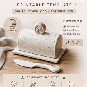 XL smörskål i keramik mall PDF, utskrivbart keramikmönster, smörskål i keramik, digital lermall, A4 och US Letter