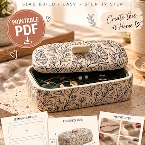 Ceramic Jewelry Box Template for Clay – Printable PDF Slab Pattern with Decorative Design, Beginner DIY Trinket Box Project