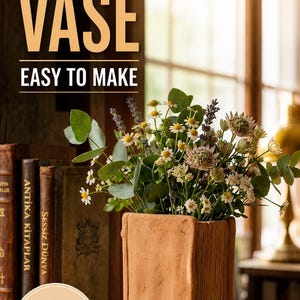 Könnte beinhalten: Eine terrakottafarbene Buchvase mit einem Blumenarrangement aus weißen und gelben Gänseblümchen, Lavendel und Grün. Die Vase steht auf einem Holzregal neben antiken Büchern. Der Text auf dem Bild lautet "BOOK VASE EASY TO MAKE" und "PRINTABLE PDF".