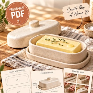 以下が含まれることがあります： 「CLAYVIASTUDIO BUTTER DISH POTTERY TEMPLATE」と書かれた、印刷可能なバターディッシュ用陶芸PDFテンプレート。テンプレートパーツの図、ステップバイステップの説明書、完成サイズ6.5cm x 10.5cm x 18cmの図面が含まれています。