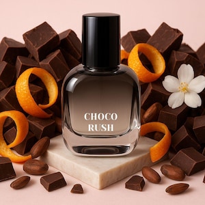 Könnte beinhalten: Eine Parfümflasche mit schwarzem Verschluss und dem Text "CHOCO RUSH" ist auf einer quadratischen, hellfarbigen Plattform zentriert. Die Flasche ist von dunklen Schokoladenstücken, Orangenschalen, Kakaobohnen und einer weißen Blume vor rosa Hintergrund umgeben.