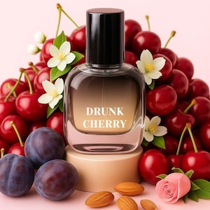 Op de afbeelding: Een parfumflesje met de tekst "DRUNK CHERRY" staat te midden van verse kersen, pruimen, amandelen, witte bloemen en een roze roos. De fles heeft een zwarte dop en een kleurenschema met verloop.