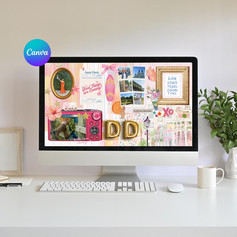 May include: A desktop computer displays a digital scrapbook with photos, text, and decorative elements. The screen features a pink camera, gold letter balloons, and a framed quote that reads "Slow Down You're Doing Fine."