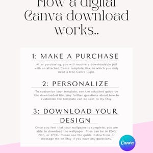May include: A digital Canva download guide with steps: Make a Purchase, Personalize, and Download Your Design. The guide includes the Canva logo and the Etsy shop name. The background is a soft pink and white gradient.
