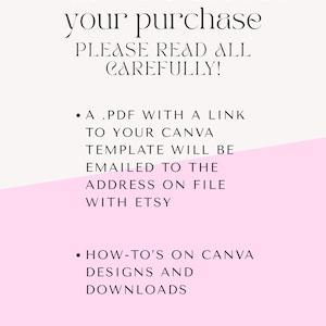 May include: A digital product image with text on a white and pink background. The text reads "What's included in your purchase" and lists a PDF with a Canva template link and Canva design how-to's. The Etsy shop name is at the bottom.